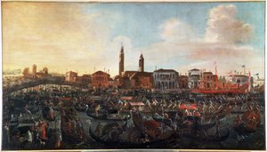 ヴェネツィア、ムラーノ島での昇天の日の「フレスコ画」の饗宴」 右手にサン・チプリアーノ修道院、中央にサント・ステファノ教会、今日は消えてしまった（ヴェネツィア、ムラーノ島での昇天の日の「フレスコ画」の饗宴） 絵画：Jo. 作： Joseph the younger Heintz