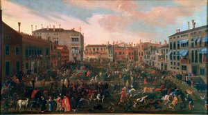 1648年、ヴェネツィアのサンポーロ広場で行われた牡牛の狩猟。伝統的な牡牛狩りは、ヴェネツィアの小さな広場（カンピ）で、特にフェローチェ犬を使って行われた。Joseph Heintz Je Jeune (1600-1678)による絵画。ヴェネツィア、コレール美術館 作： Joseph the younger Heintz