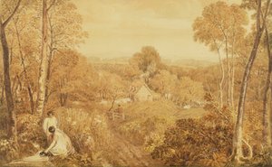 コテージと田舎の女性のいる樹木が茂った風景、ハーレー、バーク、1818年（紙に黒鉛の上にトイレ） 作： Joshua Cristall