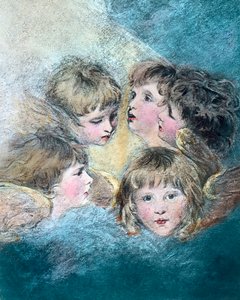 天使の頭 - 異なる視点による子供の肖像画の習作。イギリスの画家ジョシュア・レイノルズ卿（1723 - 1792）が1786/1787年に描いた油彩画。画像の年代：1910年頃。カール・サイモン・アーカイブ 作： Joshua Reynolds
