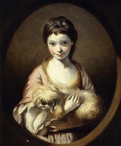 犬を抱いたピンクと白のドレスを着たミスエミリアヴァンシタートの肖像、ハーフレングス、1767-68年 作： Joshua Reynolds