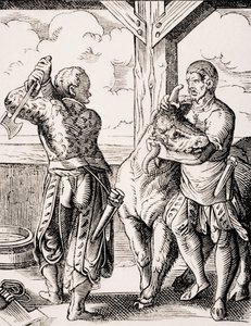 The Butcher and his Assistant、1847 年に出版された Paul Lacroix (1806-84) の「Le Moyen Age et La Renaissance」からの Jost Amman (1539-91) による 16 世紀の彫刻の複製 (リソ) 作： Jost (after) Amman