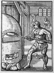 オーブンでパンを焼いているパン職人。ヨスト・アマン（1539-1591）のエングレーヴィング 16世紀 作： Jost Amman
