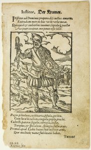 De omnibus illiberalibus sive mechanismis artibus by Hartmann Schhopper の Der Kramer (The Peddler)、16 世紀の本の木版画のプレート 50 作： Jost Amman