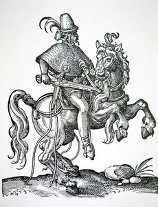 車輪付きピストルを持った馬の兵隊、「Kunstbuchlin」のイラスト 作： Jost Amman