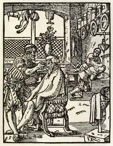 ドイツのフランクフルトのDasStändebuch1568で最初に公開された職業と職業を描いたシリーズの理髪師 作： Jost Amman