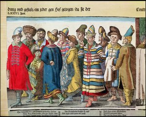 1576年にレーゲンスブルクの神聖ローマ皇帝にロシアのイワン4世大使館1530-84、173050および88595の色の木版画の詳細 作： Jost Amman