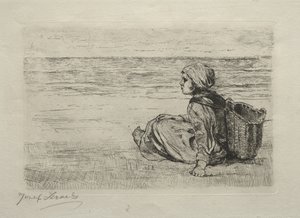 海岸に座っているバスケットを持つ少女 作： Jozef Israëls