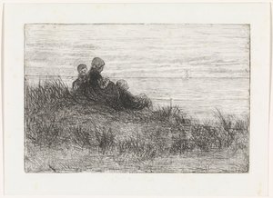 母子のいる砂丘の風景 作： Jozef Israëls