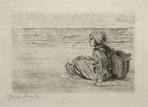 海岸に座っているバスケットを持つ少女 作： Jozef Israëls