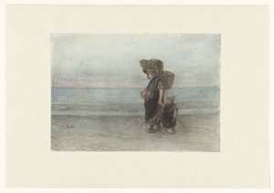 浜辺を歩く子供を持つ女性 作： Jozef Israëls