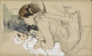 座って赤ちゃんを持ち上げる母親 作： Jozef Israëls