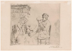 暖炉のそばのテーブルで酒を飲む 2 人の男性 作： Jozef van Snick
