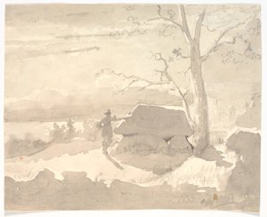 月明かりの風景。 ドルメンの隣のハンター