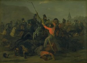 1813 年 12 月 6 日、ユトランド竜騎兵とコサックの決闘中にボンケ・ボンニヒセン大佐が倒れる 作： Jørgen V. Sonne