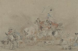 ラバに乗った羊飼いと移動する群れ 作： Jérôme François Chantereau