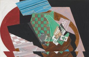 チェッカーボードとトランプ、1915年（クリーム色の織り紙のガッシュ、グラファイト、樹脂、板紙に取り付け） 作： Juan Gris