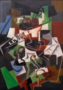 フルーツボウル、パイプ、新聞 作： Juan Gris