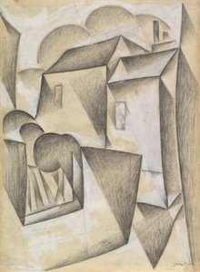 パリの家、ラビニャン広場、1911年（白い紙の上に黒いチョークとガッシュ） 作： Juan Gris