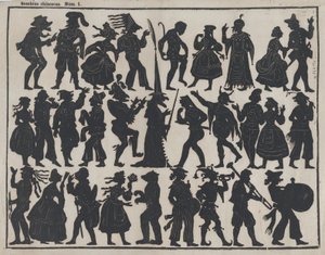 中国の影絵人形の図のシート 1、約。 1850～70年。