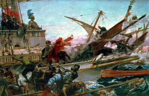 1571 年にオーストリアのドン ジョン (1547-78) が行ったレパント海戦 作： Juan Luna y Novicio