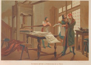 グーテンベルグは聖書の最初のページを印刷します。 From: 科学とその人々, 作： Juan Planella y Rodríguez