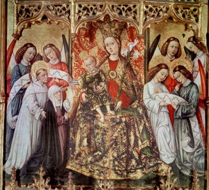 聖ウルスラの祭壇画：「聖人と天使を抱く聖母子」ジョアン・ライシャック（1431-1482）の絵画 - 1468年（Altarpiece Santa Ursula, painting by Joan Reixach from monastery of Santa Maria de Poblet