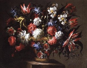 バスケットに入ったチューリップや水仙などの花の静物画