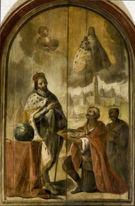 Ferdinand III de Castille - The Surrender of Seville - Rococo : ムーア人の王 Axataf は、街の鍵を Ferdinand par Espinal 王 Juan de (1714-1783) に手渡しました。 1750年。木に油彩、300x200。 アユンタミエント デ セビリア