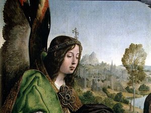 キリストの洗礼、天使の頭部の細部（パネルに油彩） 作： Juan de Flandes