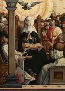 "Pentecote" (聖霊降臨祭) Juan de Flandes (vers 1465-1519) Peinture de Juan de Flandes (vers 1514-1519) Dim 110x84 cm Museo del Prado, Madrid