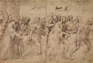 聖ステパノの殉教に向けた研究、1566年（ペンと茶色のインク、灰色のウォッシュ、（後で）紙に赤いチョークの痕跡）（直腸） 作： Juan de Juanes Juan de Juanes