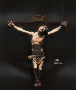 磔にされた状態。フアン・デ・ジュニ（1507-1577）による彫刻。木の上に彫られています。 作： Juan de Juni