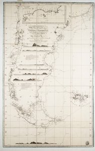 チリ、パタゴニア、ティエラ・デル・フエゴおよびフォークランド諸島の地図、1798年頃（エングレーヴィング） 作： Juan de Langara