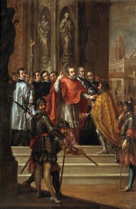 皇帝テオドシウスに教会への入場を拒否する聖アンブローズ 1673年頃（油彩・キャンバス 作： Juan de Valdes Leal