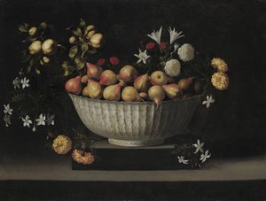 チャイナボウルの花と果物、c。 1645年。 作： Juan de Zurbaran