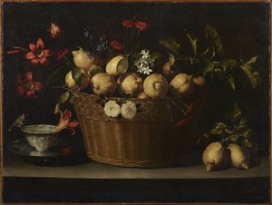 枝編み細工品バスケットのレモンのある静物、およそ1643-1649年。 作： Juan de Zurbaran