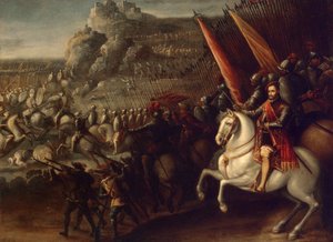「戦闘シーン」 フアン・デ・ラ・コルテ (1597-1660) 作 1643年薄暗い 66.5x88 cm 国立エルミタージュ美術館、サンクトペテルブルク 作： Juan de la Corte