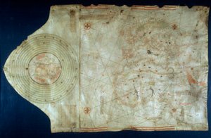 航海士クリストファー・コロンブス（1451-1506）の仲間である地図製作者ファン・デ・ラ・コサ（1460-1510）の海図 作： Juan de la Cosa