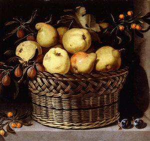 石の棚に果物が入った籐のバスケット、 作： Juan van der Hamen y Leon
