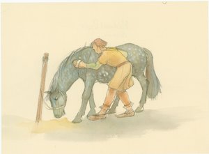 馬にブラシをかける中世の新郎、2004年。 作： Judith Dobie