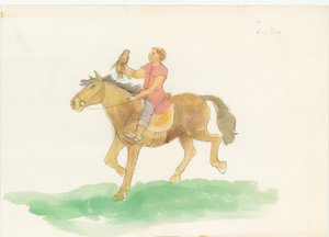 腕に猛禽類を乗せて馬に乗っている中世の男性、2004年。 作： Judith Dobie