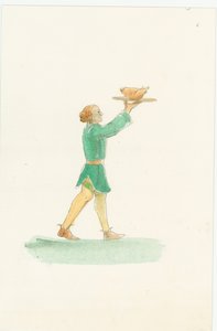 料理の盛り合わせを運ぶ中世のウェイター、2004 年。 作： Judith Dobie