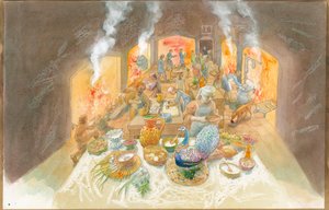 中世初期の台所風景（水彩・紙） 作： ジュディス・ドビー