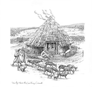 鉄器時代のラウンドハウスの外にいる農民とヤギの群れ、c1990-2010