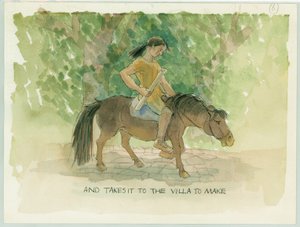 ジュリアのモザイク床のデザインを、職人が別荘に持ち込む（2003年）。 作： Judith Dobie