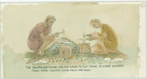 2003 年、モザイク画家のために石を切って小さな四角形を作る 2 人の登場人物。 作： Judith Dobie