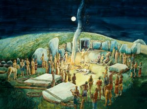 ウェスト・ケネット・ロングバロウ、新石器時代の復元（紙に水彩画） 作： ジュディス・ドビー