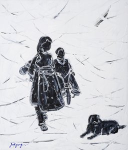犬を散歩させている子供たち 作： 