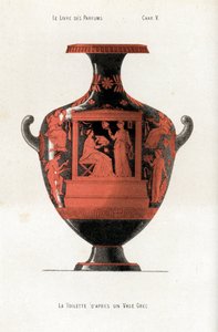化粧品や香水の入った箱を持ち、扇子を振る奴隷に助けられているサ・トワレの女性を描いたギリシャの壺 作： Jules (after) Cheret